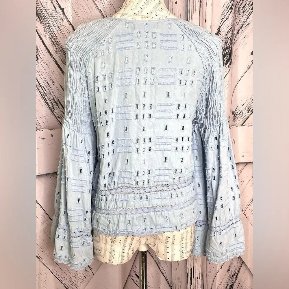 Zara TRF Collection Blue Eyelet Blouse Bell Sleeve Size S